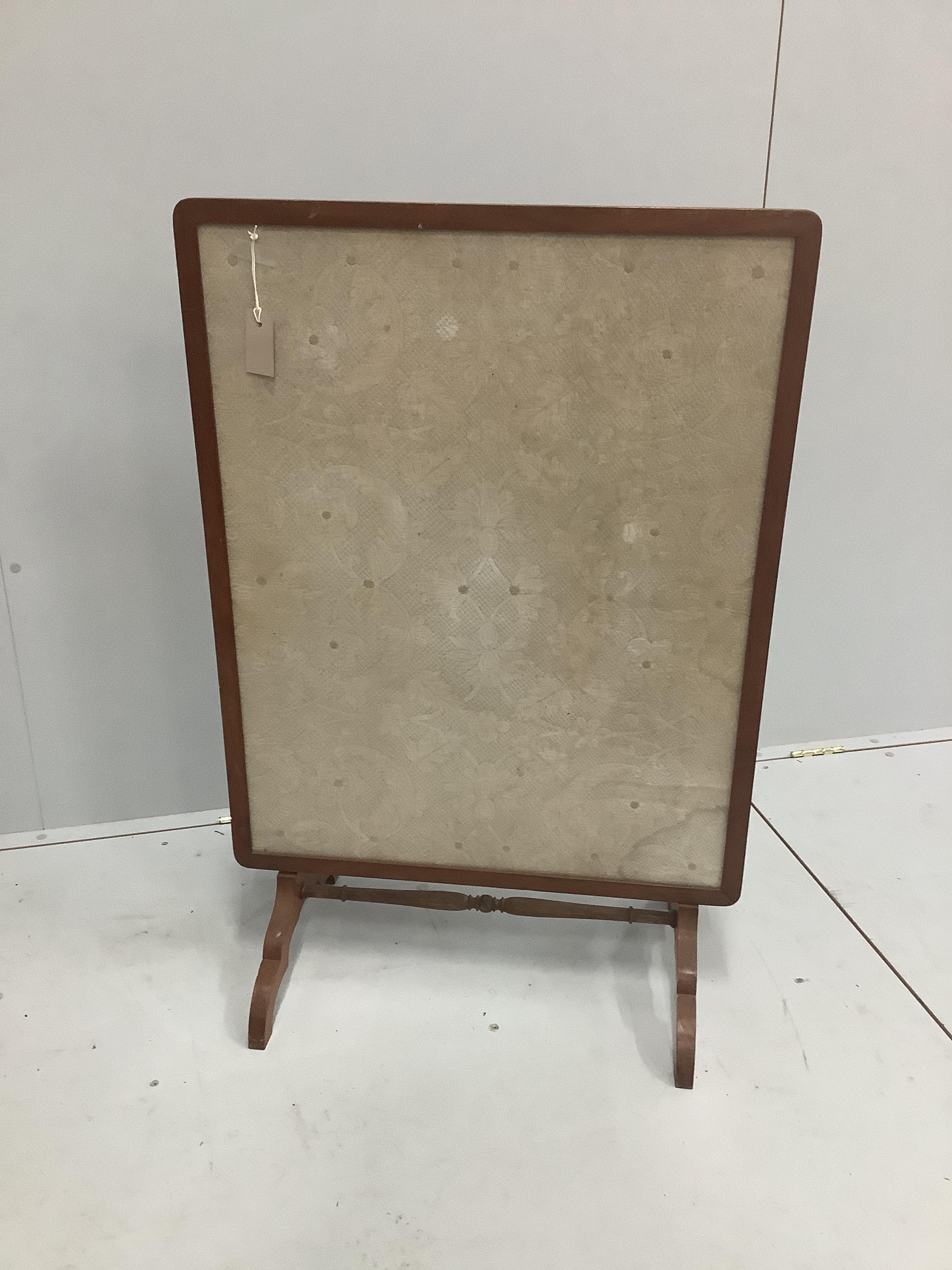 An Edwardian beech folding table / firescreen with cream floral fabric panel, 87 x 69cm